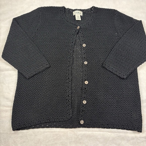 L.L. Bean Sweaters - LL Bean Linen Cotton Woman's Knit Cardigan Sweater Black 1/4 Sleeve Sz Large
